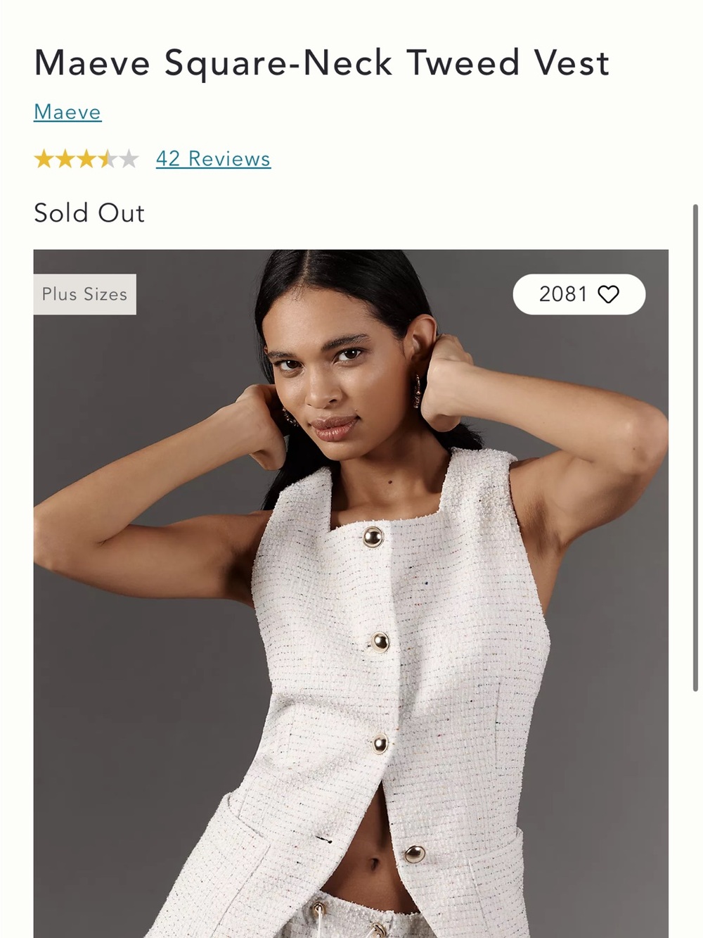 Maeve Cream Tweed Square-Neck Vest with Gold Buttons